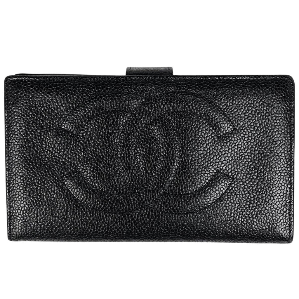 Chanel CC Logo Bifold Wallet Kiss Lock Caviar Leather Black