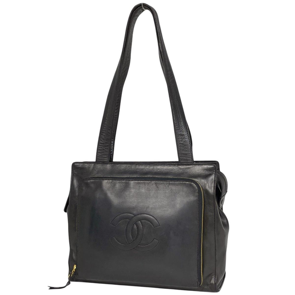 Chanel CC Logo Tote Shoulder Bag Leather Black