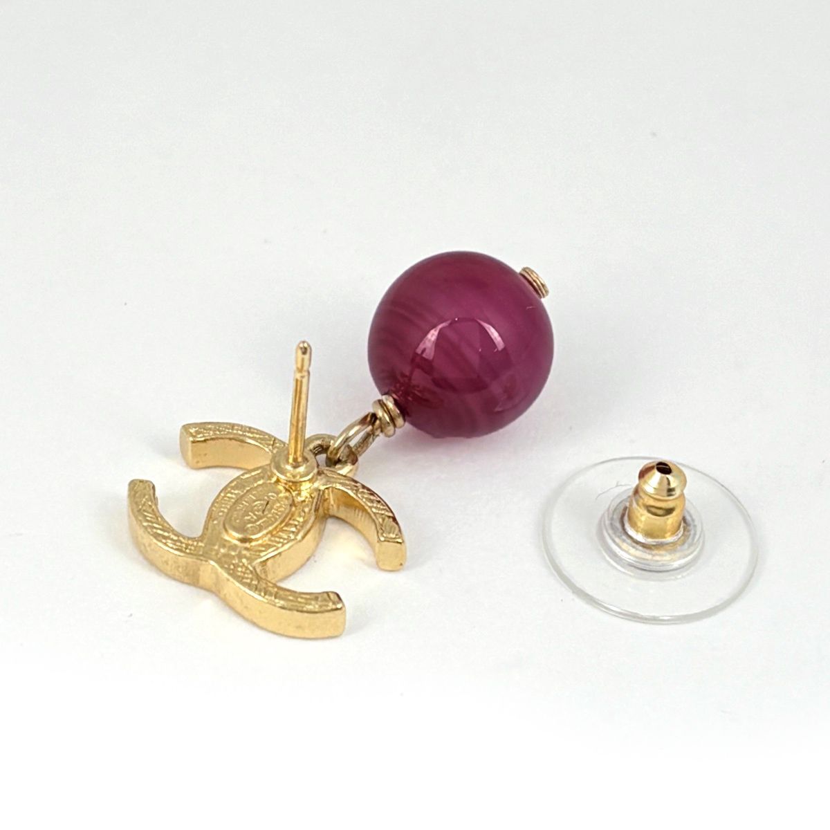 Chanel CC Logo Color Stone Earrings Swing Gripoix Gold Plated Pink — view 3