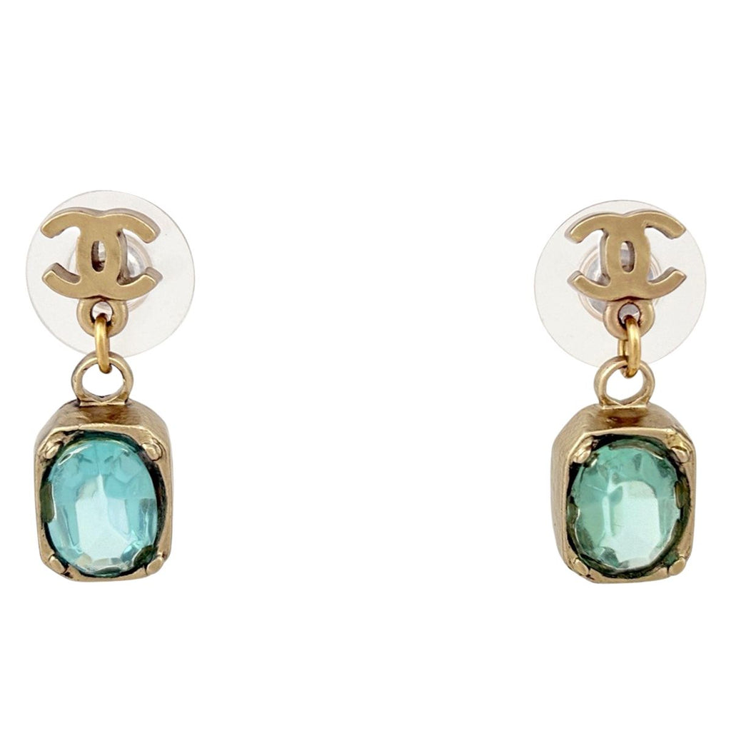 Chanel CC Logo Color Stone Earrings Swing Gripoix Gold Plated Blue