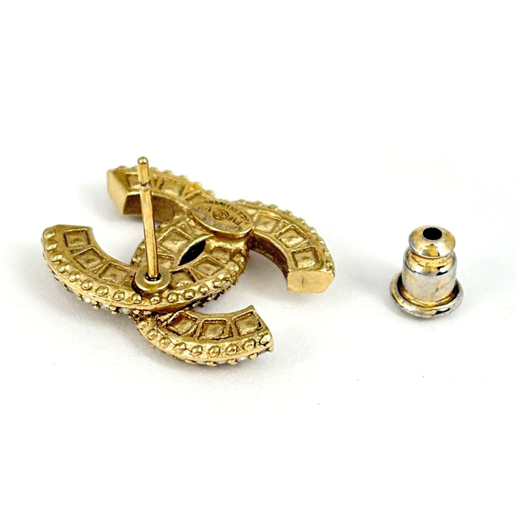 Chanel CC Logo Rhinestone Earrings Gold Plated — view 3