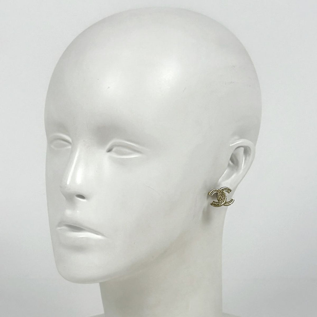 Chanel CC Logo Rhinestone Earrings Gold Plated — view 5