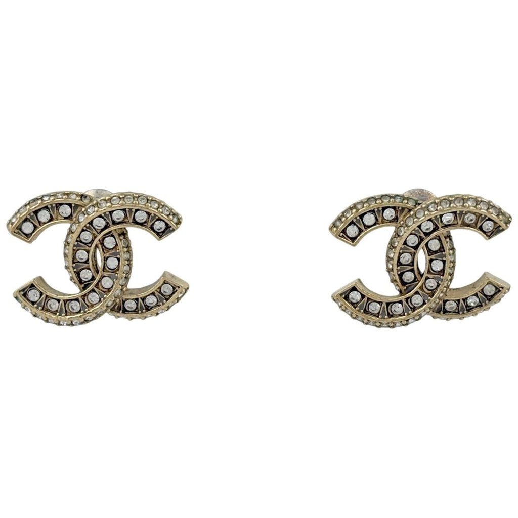 Chanel CC Logo Rhinestone Earrings Gold Plated