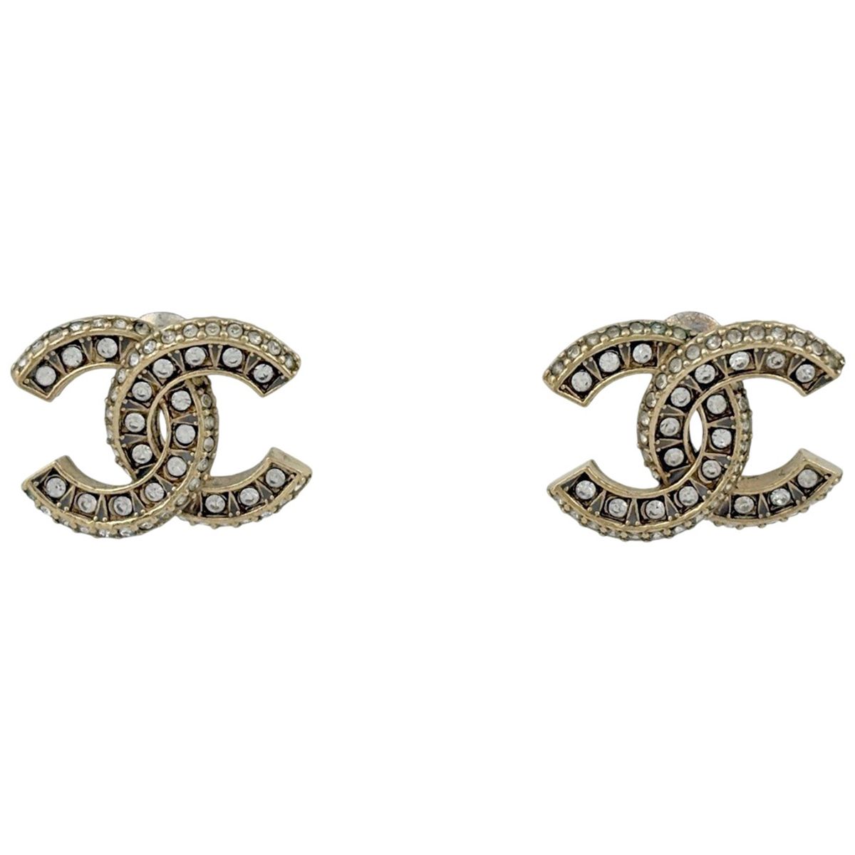 Chanel CC Logo Rhinestone Earrings Gold Plated