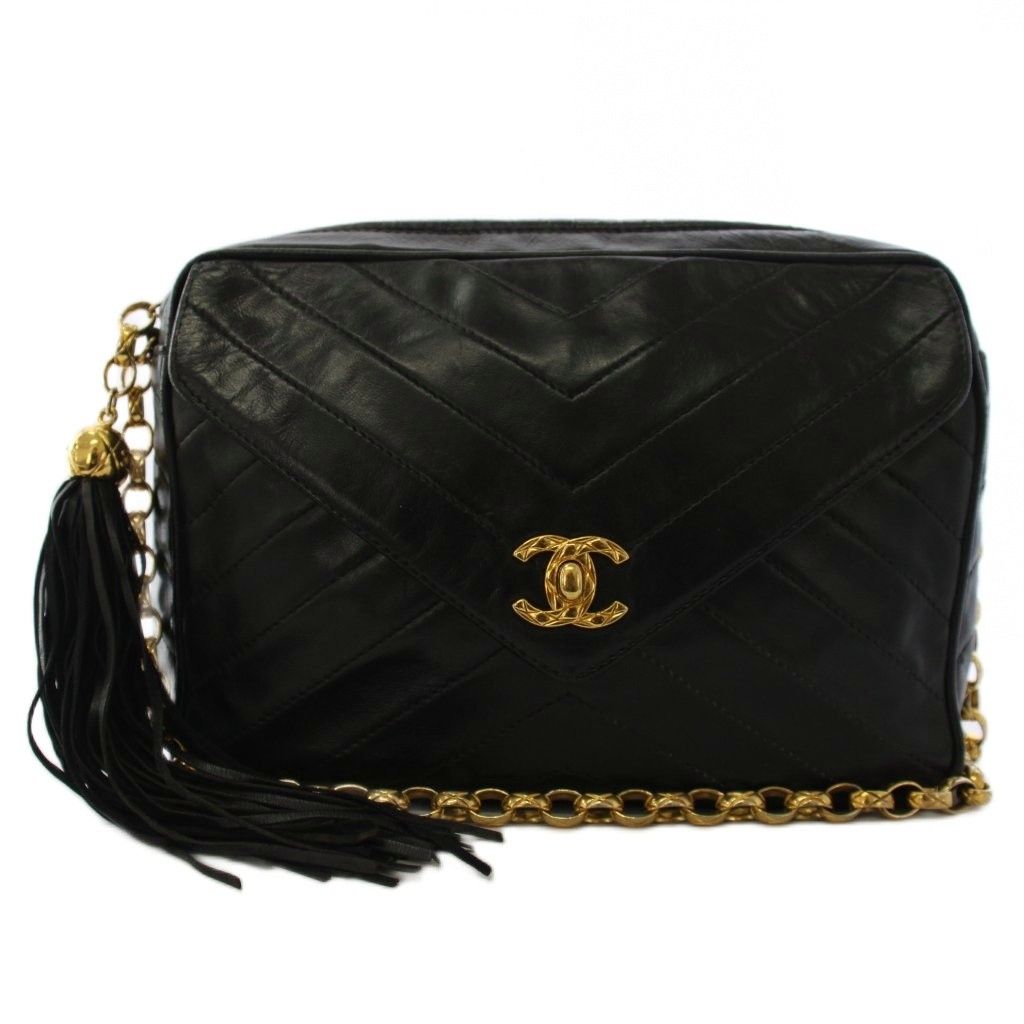 Chanel Stitch Fringe Lambskin Chain Shoulder Bag Black KH