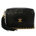 Chanel Stitch Fringe Lambskin Chain Shoulder Bag Black KH