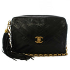 Chanel Stitch Fringe Lambskin Chain Shoulder Bag Black KH