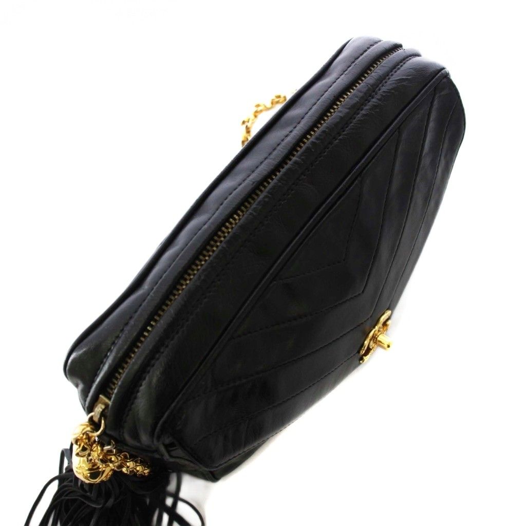 Chanel Stitch Fringe Lambskin Chain Shoulder Bag Black KH — view 6