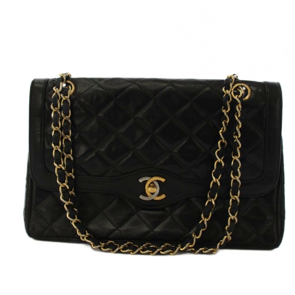 Chanel Quilted Limited Edition Double Flap Chain Shoulder Bag Leather Black KH
