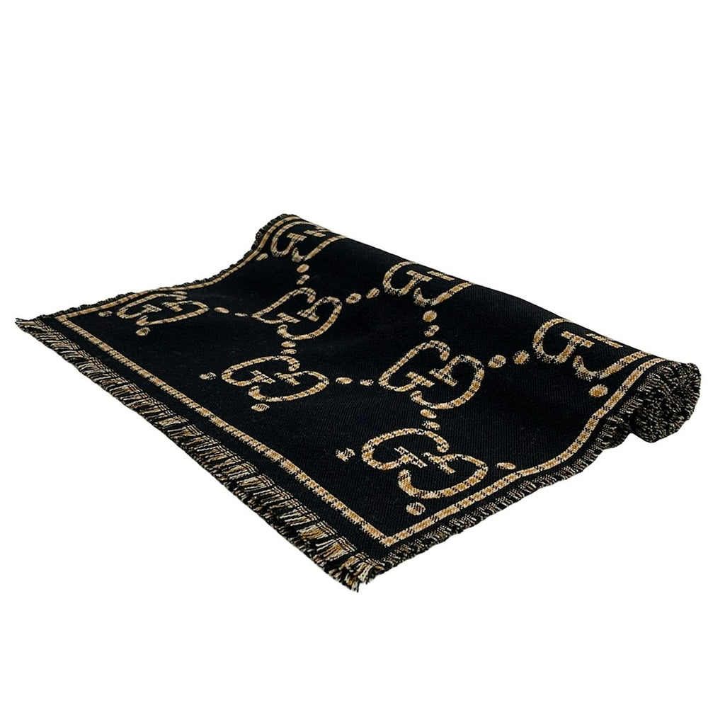 Gucci Shawl Black Beige Yellow GG Pattern Wool Scarf