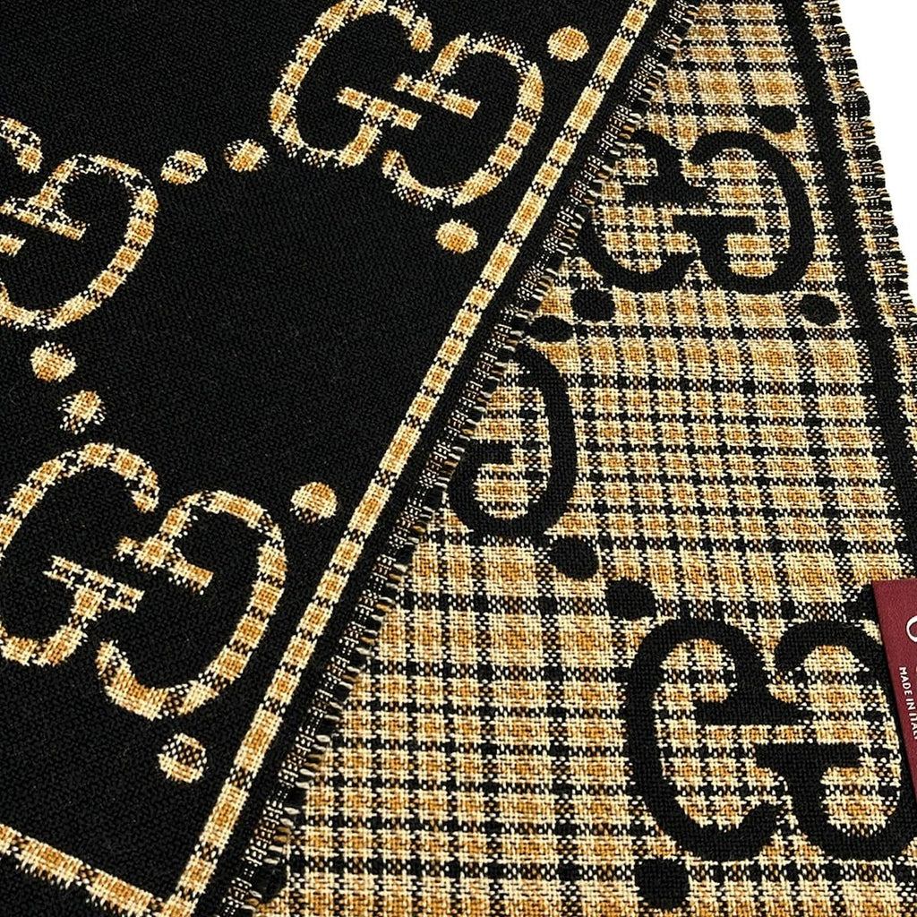 Gucci Shawl Black Beige Yellow GG Pattern Wool Scarf — view 4