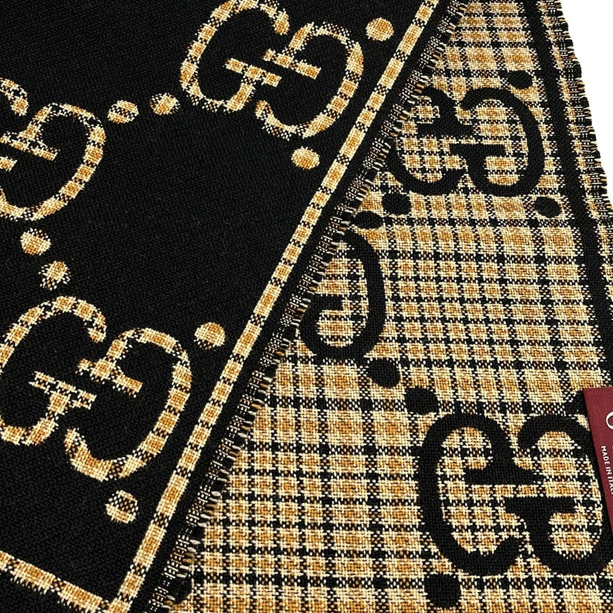 Gucci Shawl Black Beige Yellow GG Pattern Wool Scarf — view 4