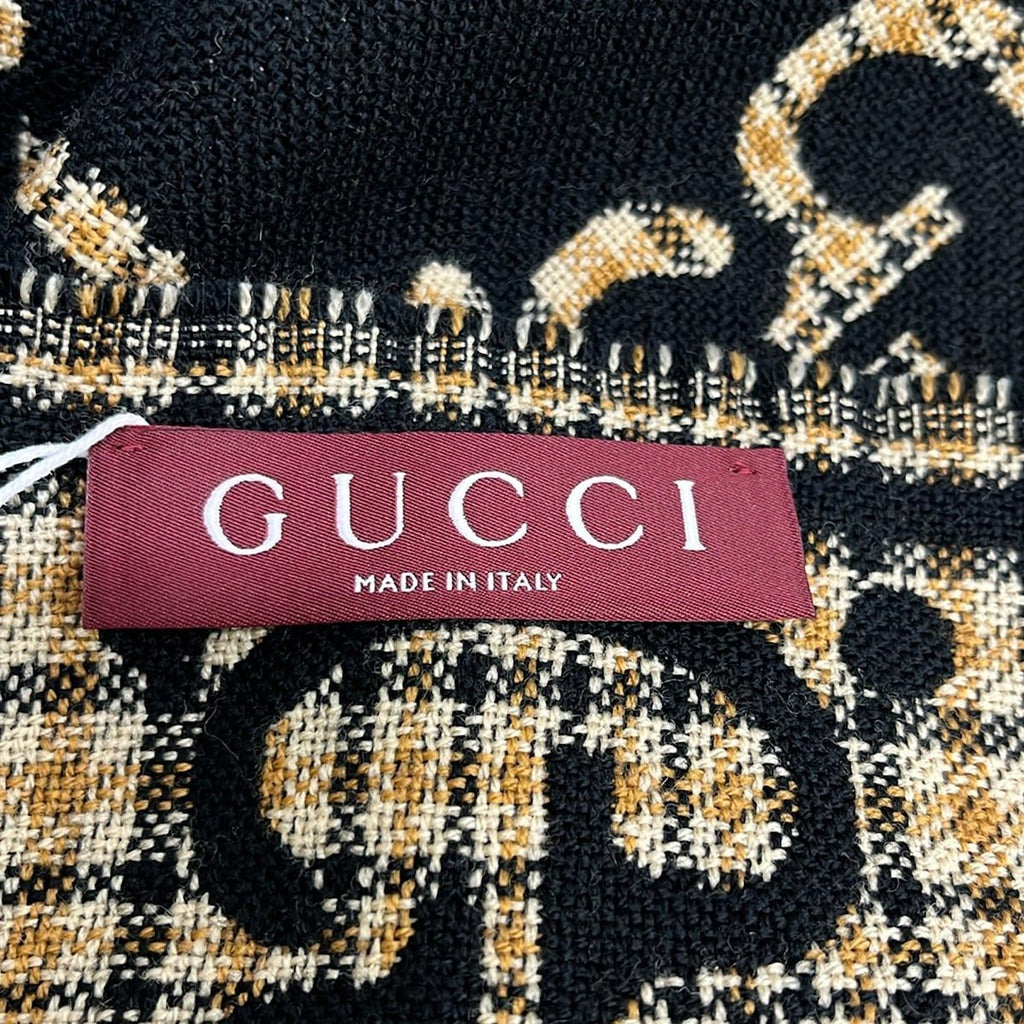 Gucci Shawl Black Beige Yellow GG Pattern Wool Scarf — view 2