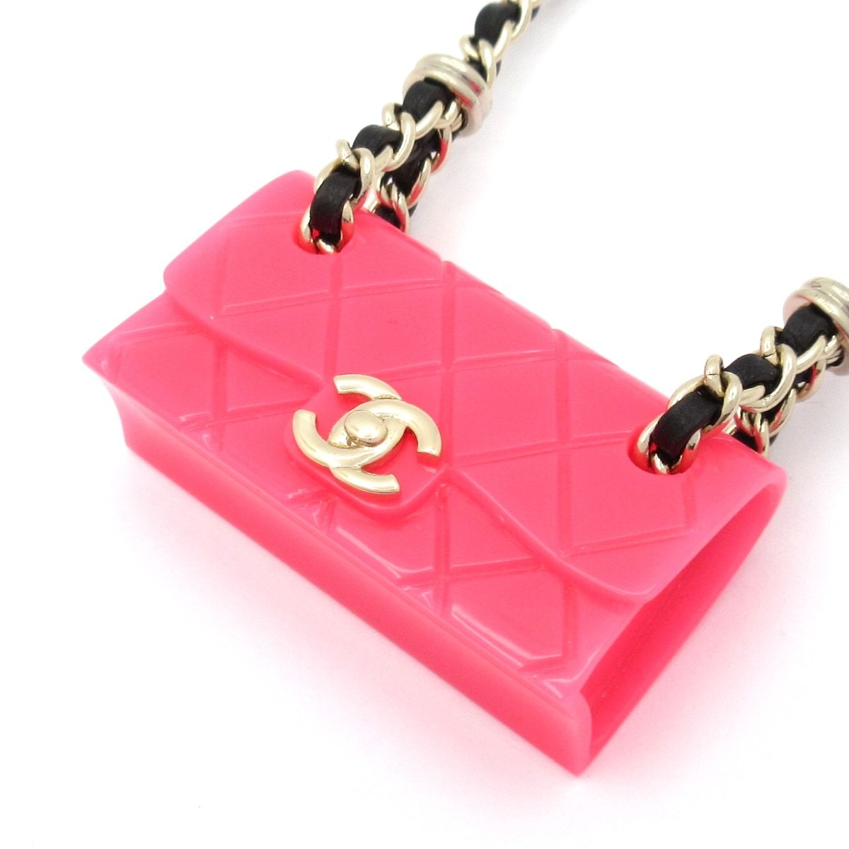 Chanel Necklace Leather Pink Gold Black Bag Motif