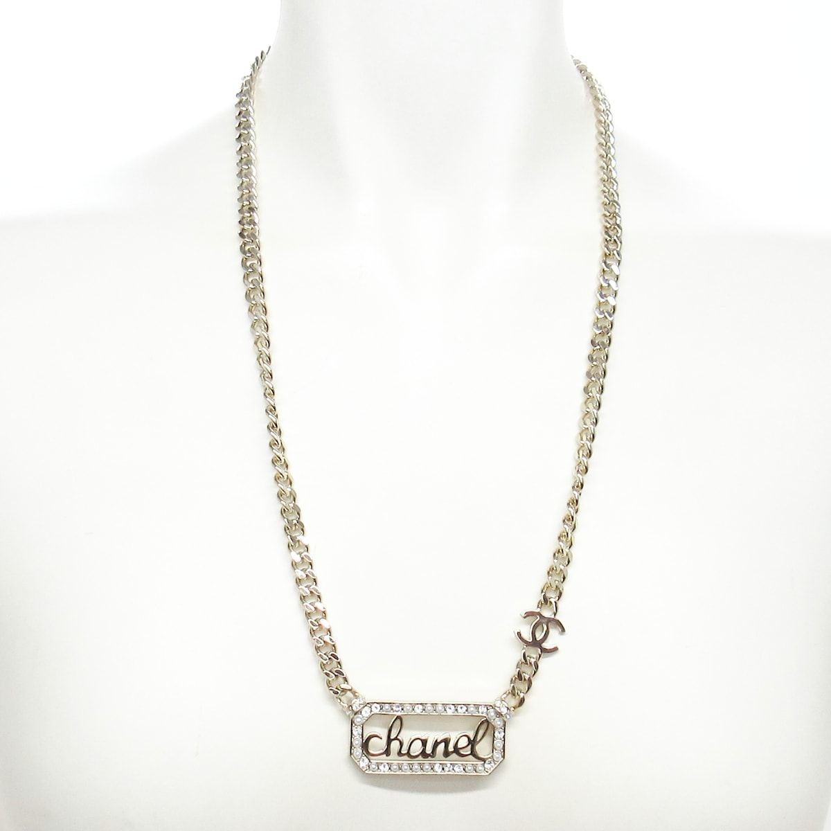 Chanel Necklace Gold Clear White Logo Plate — view 2