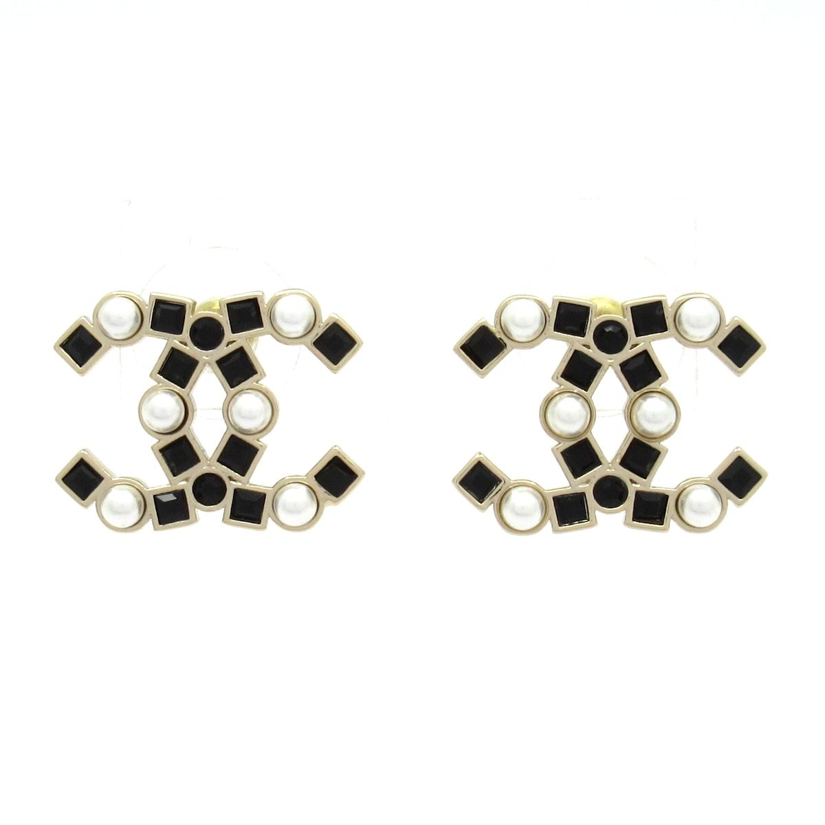 Chanel Earrings CC Logo Gold Black White