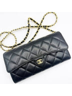 Chanel Lambskin Quilted Leather Wallet Chain Flap Black Purse Tote