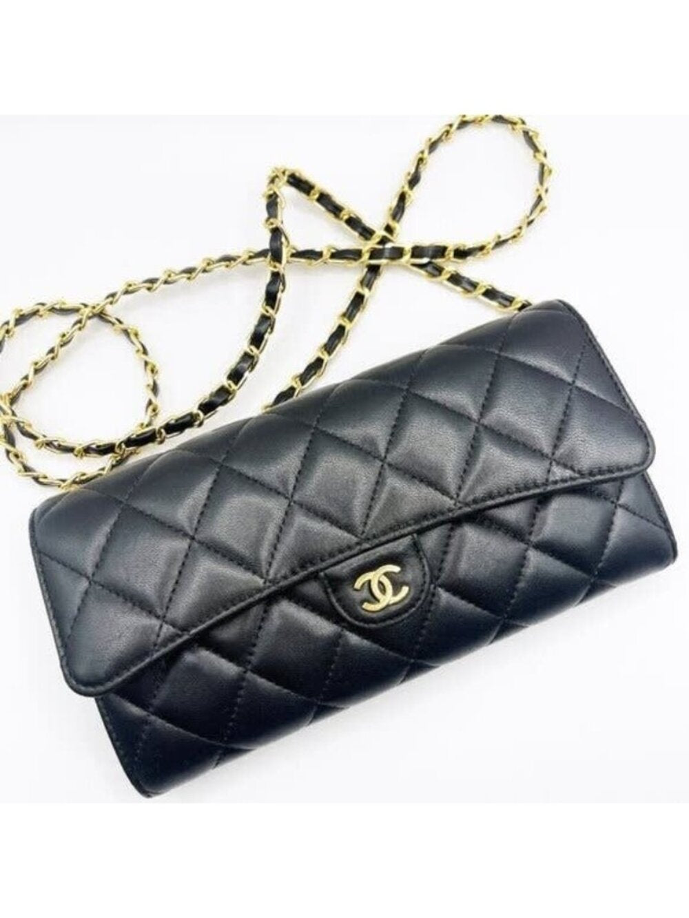 Chanel Lambskin Quilted Leather Wallet Chain Flap Black Purse Tote