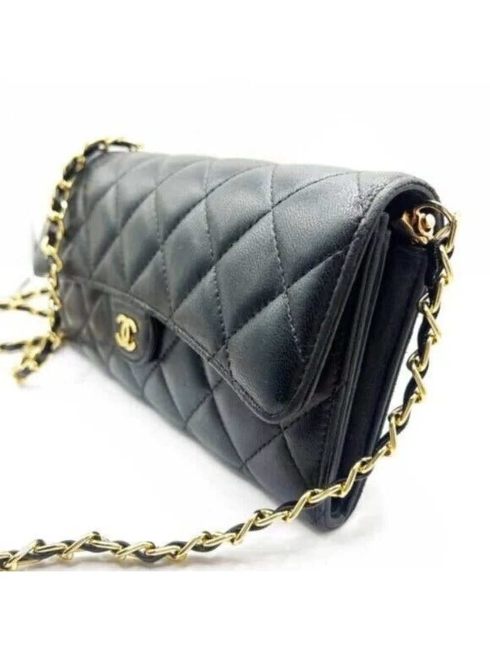 Chanel Lambskin Quilted Leather Wallet Chain Flap Black Purse Tote