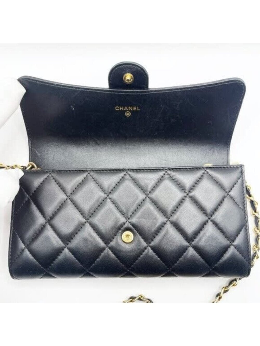 Chanel Lambskin Quilted Leather Wallet Chain Flap Black Purse Tote