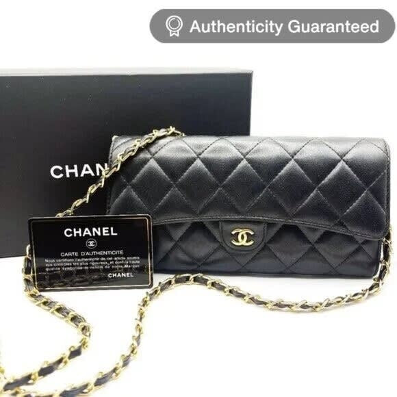 Chanel Lambskin Quilted Leather Wallet Chain Flap Black Purse Tote — view 2