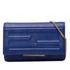 Fendi FF Logo Crossbody Chain Wallet Shoulder Bag Flap Blue Leather