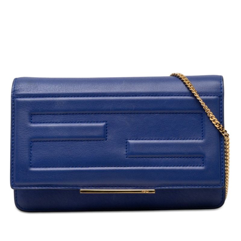 Fendi FF Logo Crossbody Chain Wallet Shoulder Bag Flap Blue Leather