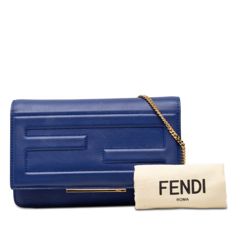 Fendi FF Logo Crossbody Chain Wallet Shoulder Bag Flap Blue Leather — view 7