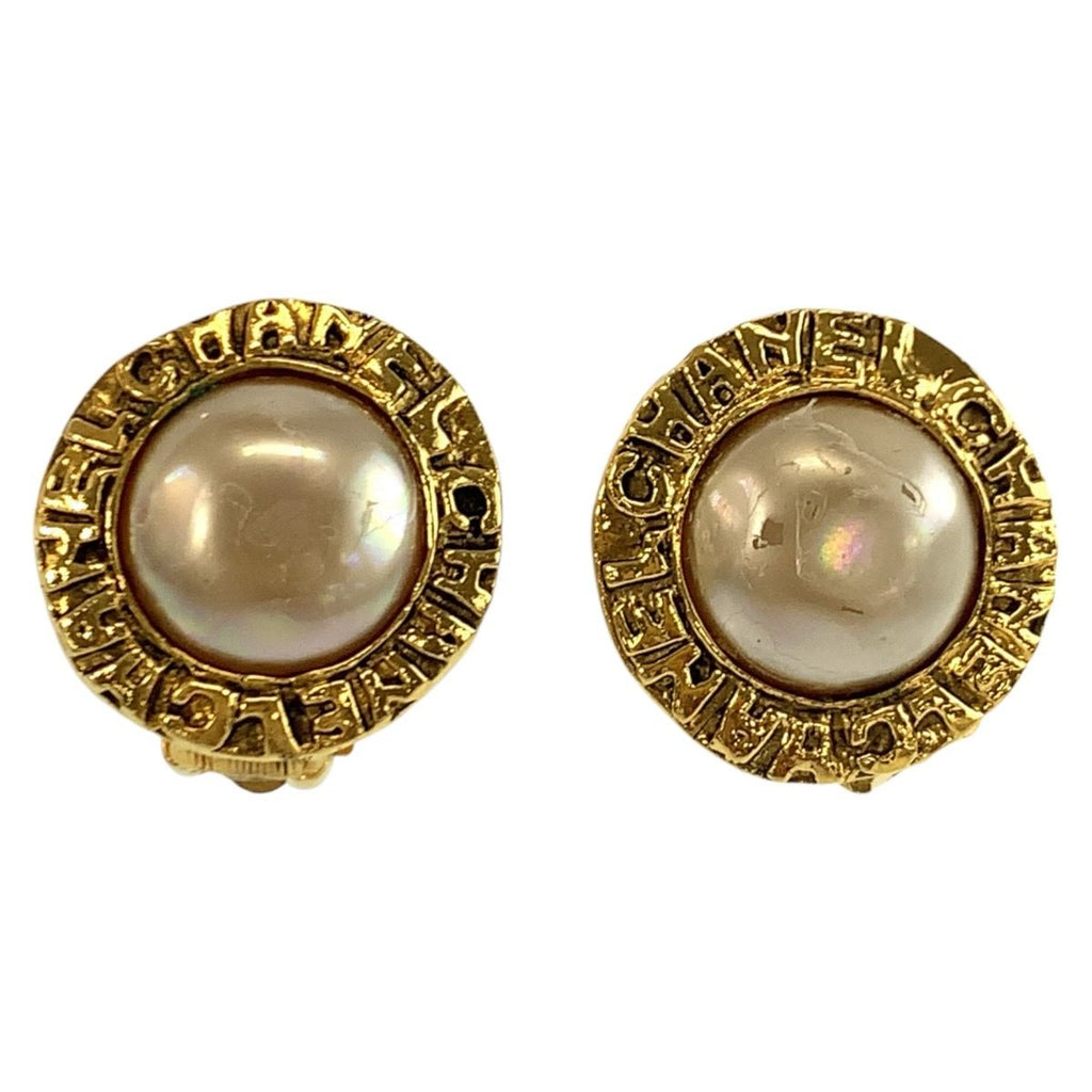 Chanel Vintage Round Logo Gold Plated Faux Pearl Earrings