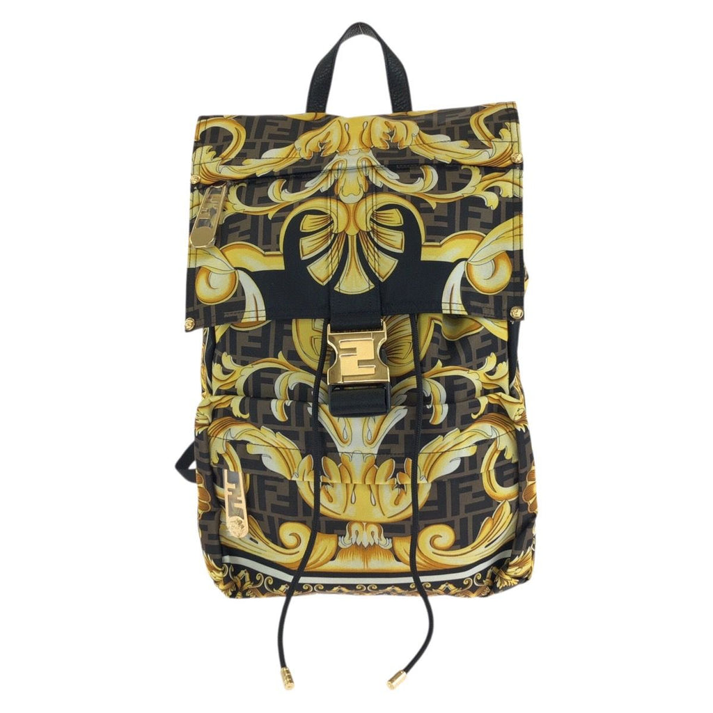 Fendi Black Brown Yellow Gold Nylon Backpack