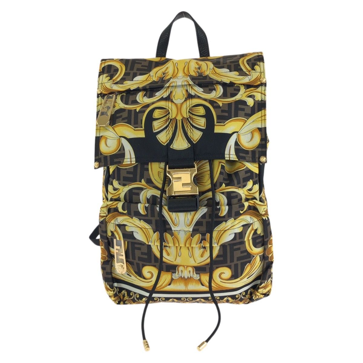 Fendi Black Brown Yellow Gold Nylon Backpack