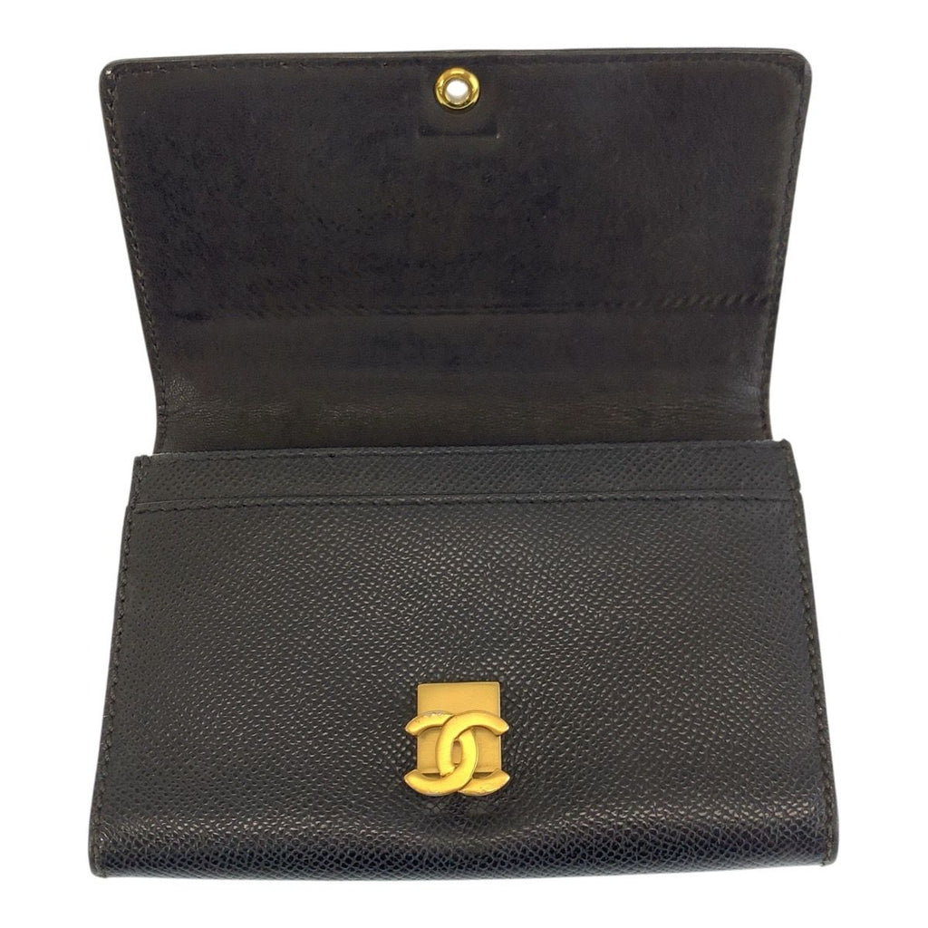 Chanel CC Logo Black Gold Leather Folded Wallet Compact — view 4