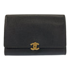 Chanel CC Logo Black Gold Leather Folded Wallet Compact