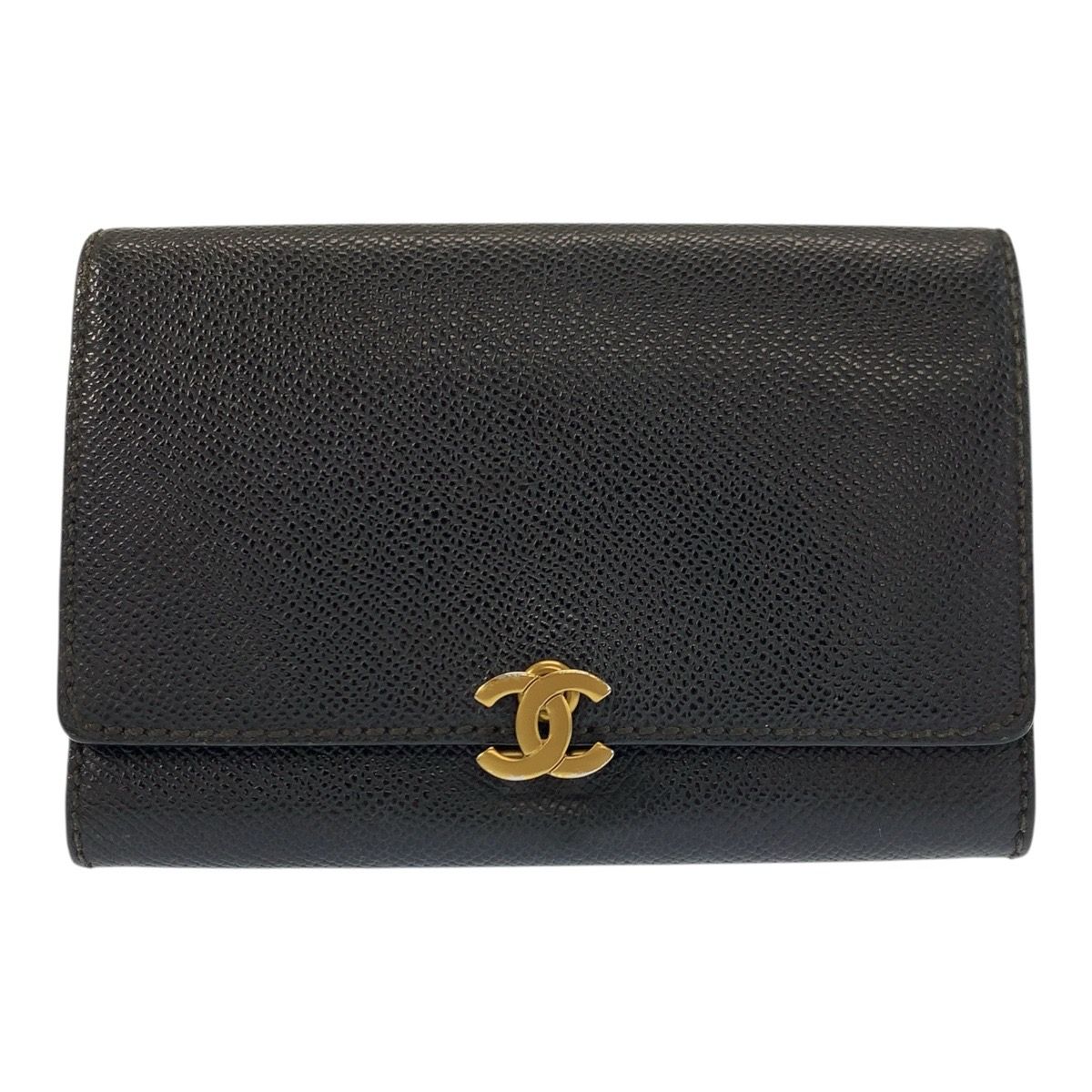 Chanel CC Logo Black Gold Leather Folded Wallet Compact