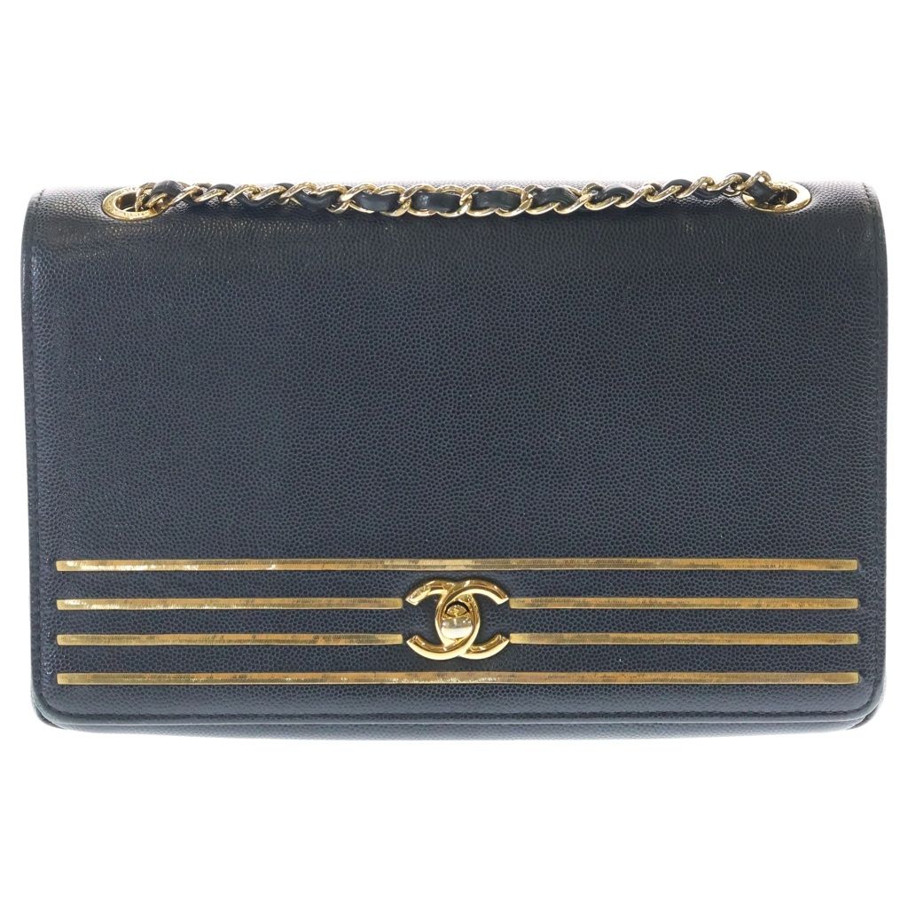 Chanel Captain Gold Flap Shoulder Bag Black Caviar Leather