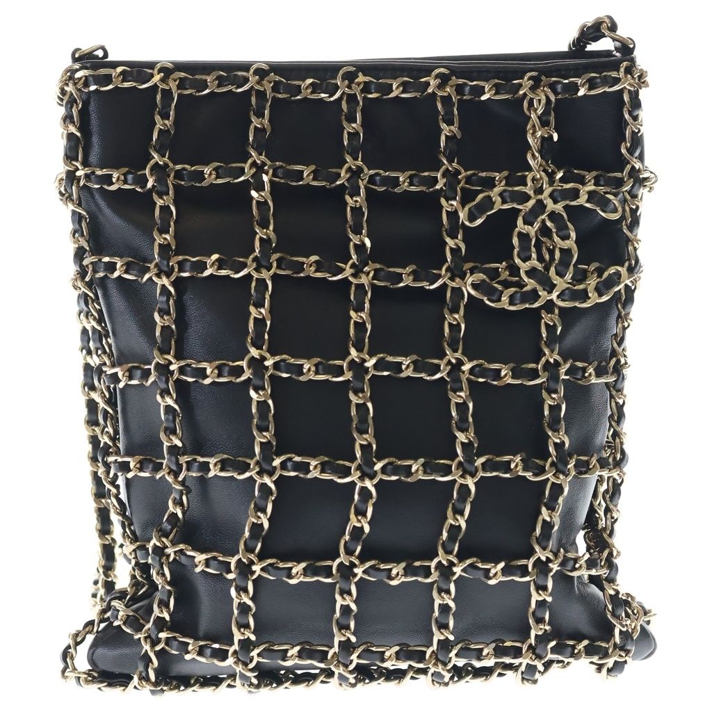Chanel CC Logo Chain Lambskin Leather Shoulder Bag Gold Black