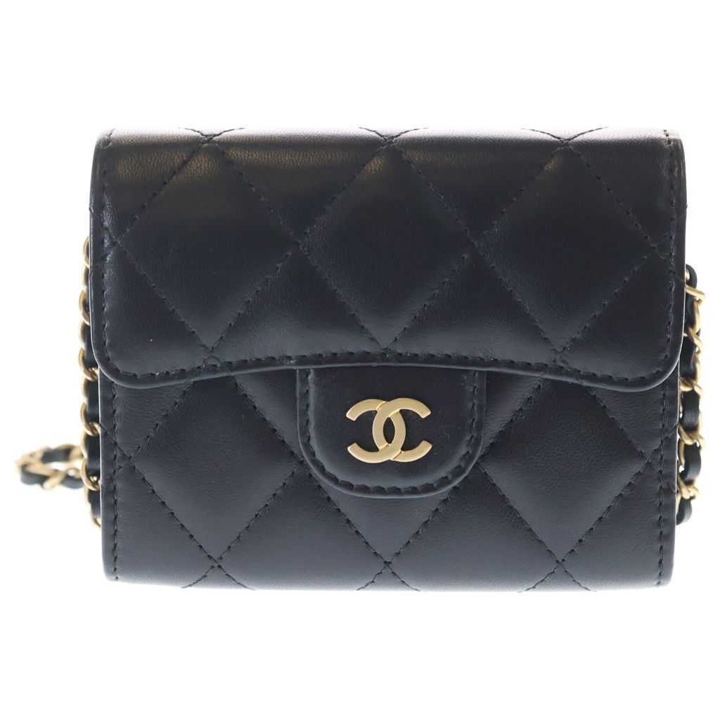 Chanel Quilted Lambskin Gold Chain Shoulder Wallet Coin Case Black