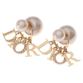 Dior Logo Faux Pearl Rhinestone Tribal Earrings Gold