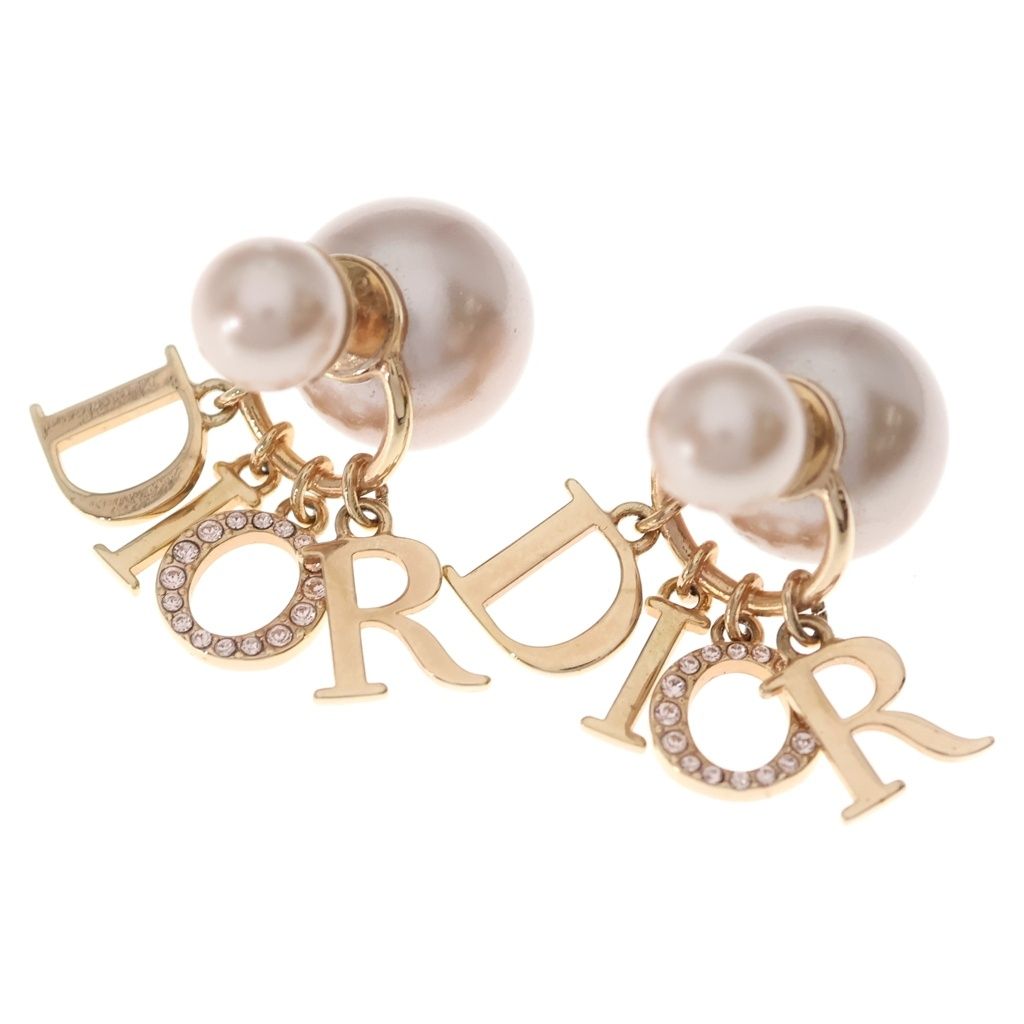 Dior Logo Faux Pearl Rhinestone Tribal Earrings Gold