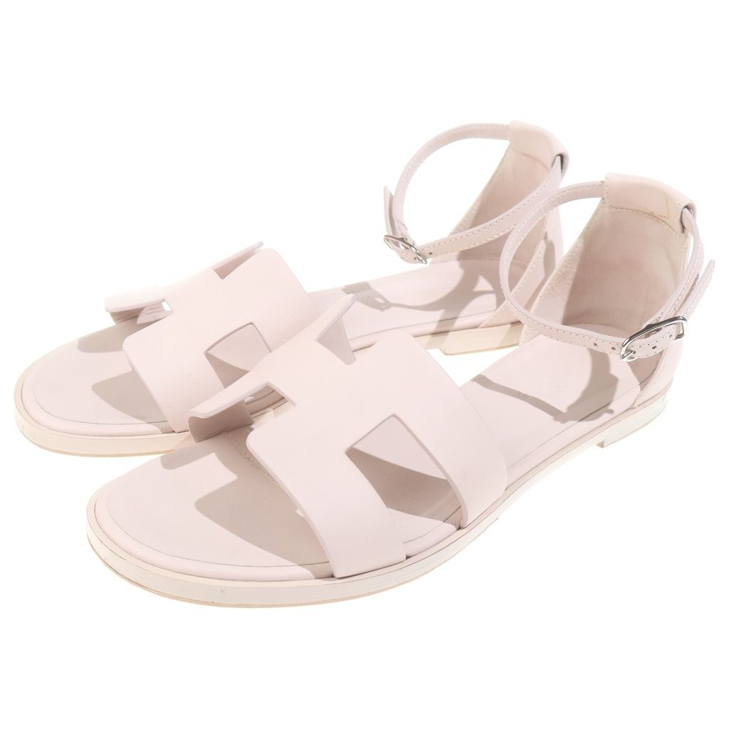 Hermes Santorini Logo Leather Ankle Strap Flat Sandals Shoes Silver Pink — view 2
