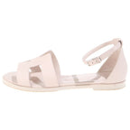 Hermes Santorini Logo Leather Ankle Strap Flat Sandals Shoes Silver Pink