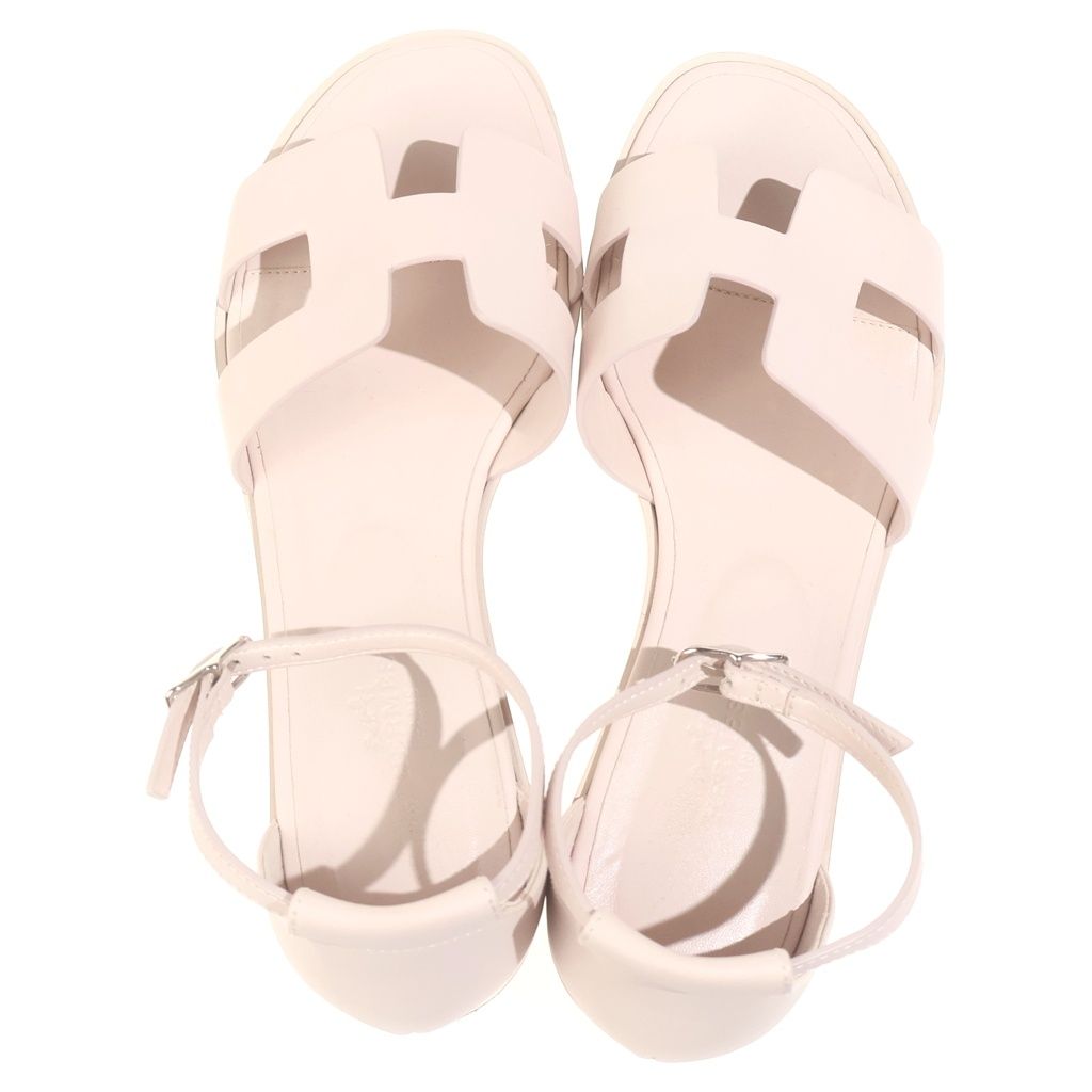 Hermes Santorini Logo Leather Ankle Strap Flat Sandals Shoes Silver Pink — view 4