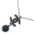 Chanel CC Logo Rhinestone Pearl Necklace Black