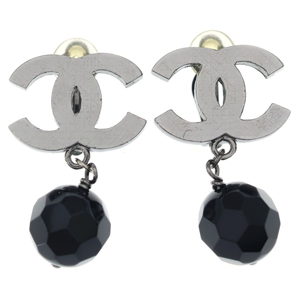 Chanel CC Logo Black Stone Gunmetal Earrings Silver