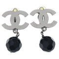 Chanel CC Logo Black Stone Gunmetal Earrings Silver