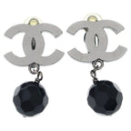 Chanel CC Logo Black Stone Gunmetal Earrings Silver