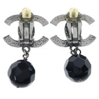 Chanel CC Logo Black Stone Gunmetal Earrings Silver — view 2