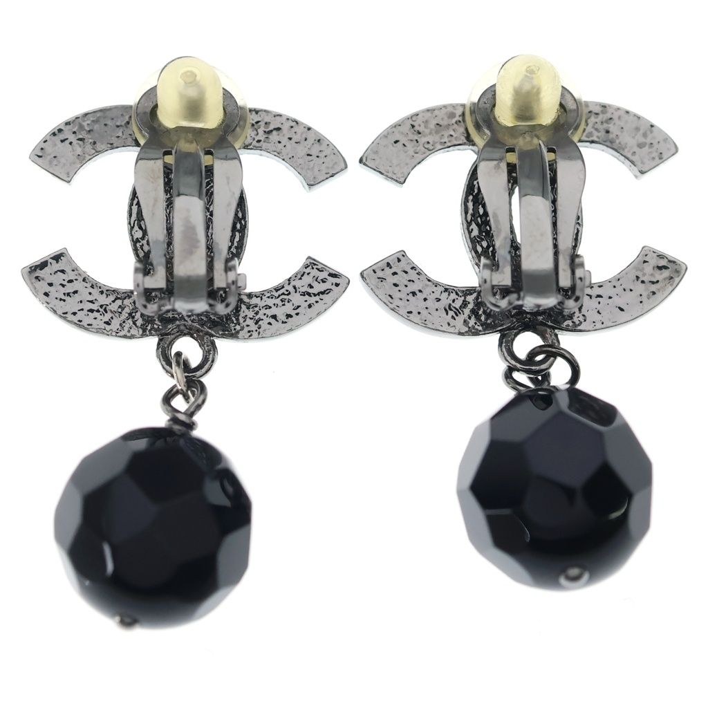 Chanel CC Logo Black Stone Gunmetal Earrings Silver — view 2