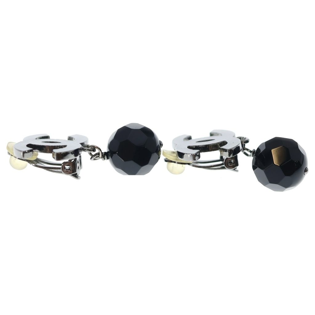 Chanel CC Logo Black Stone Gunmetal Earrings Silver — view 4