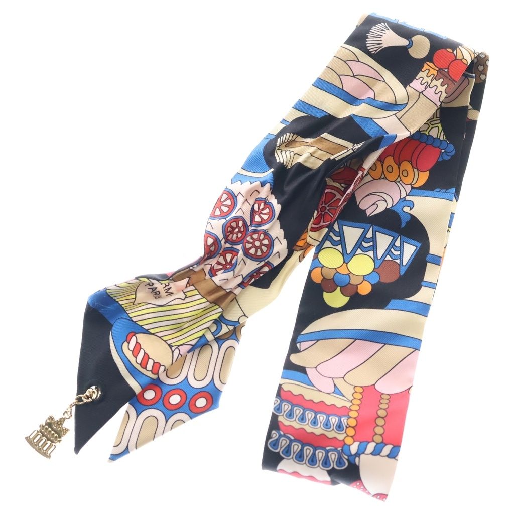 Hermes Twilly Charm Patisserie Francaise Allover Print Silk Scarf Black Multi